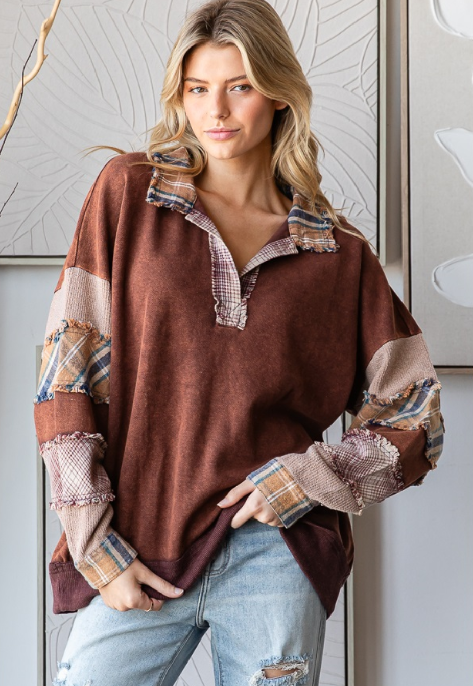 washed patchwork pullover, collared v neck top, oversized patchwork sweatshirt, women’s fall pullover, plaid sleeve sweatshirt, casual oversized top, boutique fall outfit, washed cotton pullover, relaxed fit patchwork top, vintage-inspired pullover, autumn oversized sweater