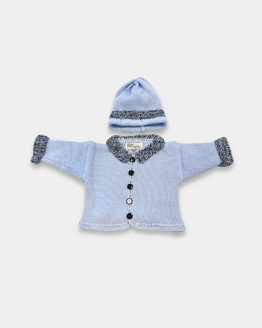 baby boy sweater set, light blue cotton baby sweater, baby knitwear boutique, newborn gift set, infant sweater with hat, navy trim baby cardigan, luxury baby shower gift, cotton knit baby outfit, boutique baby clothes boy, soft cotton baby sweater set, heirloom baby knit, Expressions Boutique NY baby