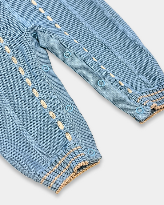 baby knit romper, toddler knit one-piece, denim blue baby romper, boutique knit baby clothes, ecru stitch baby outfit, knit romper boys, knit romper girls, cozy baby knitwear, unisex knit romper, boutique baby shower gift, Expressions Boutique NY, Woodbury kids boutique