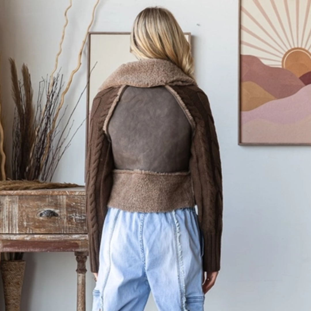 faux leather sherpa jacket, knit sleeve moto jacket, brown asymmetrical coat, chocolate winter jacket, boutique fall layering, cozy edgy outerwear, toggle front leather jacket, knit and leather mixed jacket, women’s boutique jacket, sherpa lined fall coat