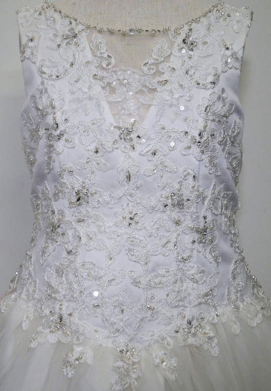 white beaded lace bodice communion dress Expressions Boutique NY, satin and tulle first communion gown, girls beaded white communion dress, elegant lace communion wear Long Island, boutique communion dresses Woodbury NY