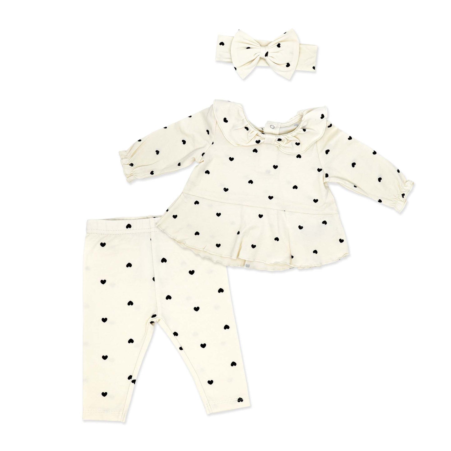 baby girl 3 piece outfit set, toddler heart print clothing set, boutique baby girl clothes, baby girl cream peplum top set, newborn bow headband outfit, infant girl leggings set, baby girl special occasion outfit, toddler scattered hearts set, boutique baby shower gift girl, baby girl photo-ready outfit