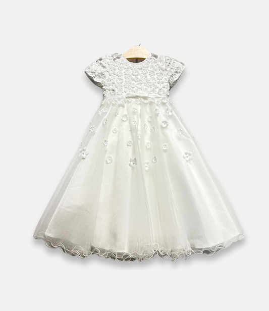 white 3D flower dress, white floral appliqué dress, boutique girls special occasion dress, 3D flower girl dress, white communion dress, couture kids fashion, tulle flower girl gown, white lace flower dress, Expressions Boutique NY, elegant girls event dress