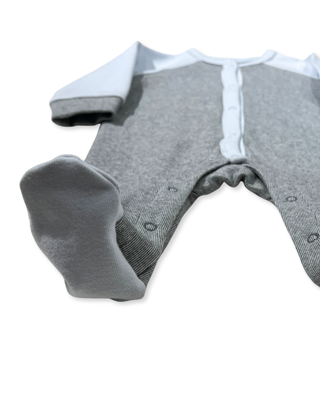 Grey/Blue Snap Footie, Expressions Boutique, Women and childrens boutique, Woodbury, grey baby footie, blue contrast baby romper, baby boy snap sleeper, boutique baby romper, infant footed one piece, soft cotton baby pajamas, newborn boy sleepsuit, snap closure baby outfit, modern baby boy footie, eco friendly baby clothing, baby shower boy gift
