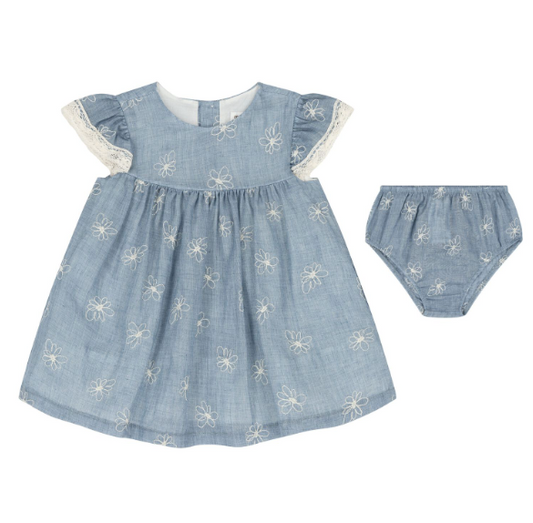 2pc Blue Denim Dress w Embroidered Flowers