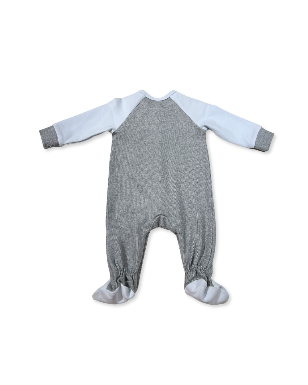 Grey/Blue Snap Footie, Expressions Boutique, Women and childrens boutique, Woodbury, grey baby footie, blue contrast baby romper, baby boy snap sleeper, boutique baby romper, infant footed one piece, soft cotton baby pajamas, newborn boy sleepsuit, snap closure baby outfit, modern baby boy footie, eco friendly baby clothing, baby shower boy gift