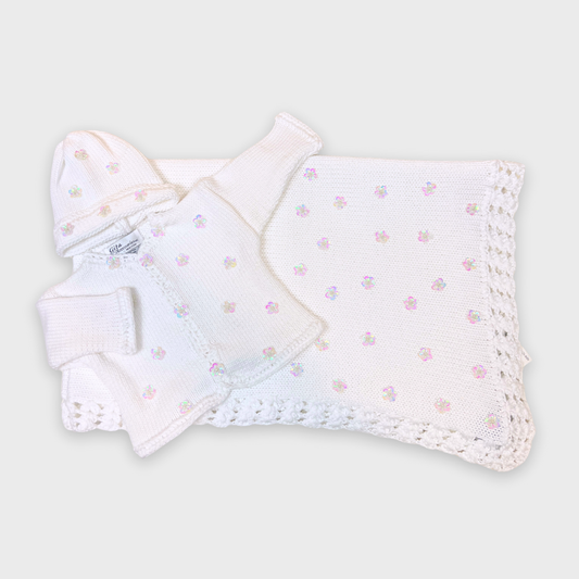 White Cotton Blanket w Sequin Flowers