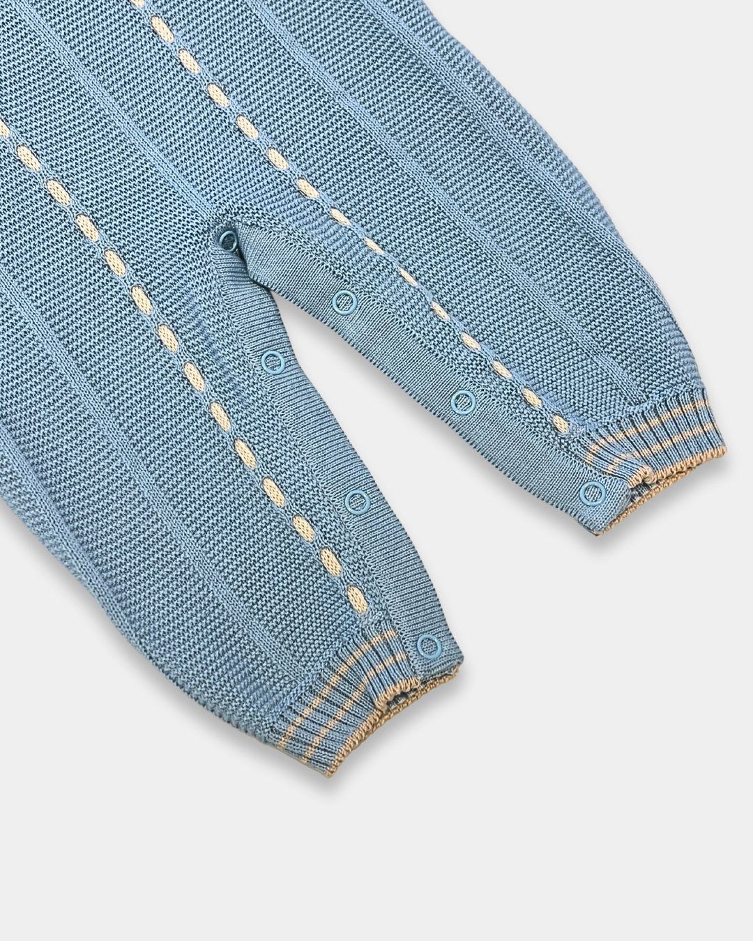 baby knit romper, toddler knit one-piece, denim blue baby romper, boutique knit baby clothes, ecru stitch baby outfit, knit romper boys, knit romper girls, cozy baby knitwear, unisex knit romper, boutique baby shower gift, Expressions Boutique NY, Woodbury kids boutique