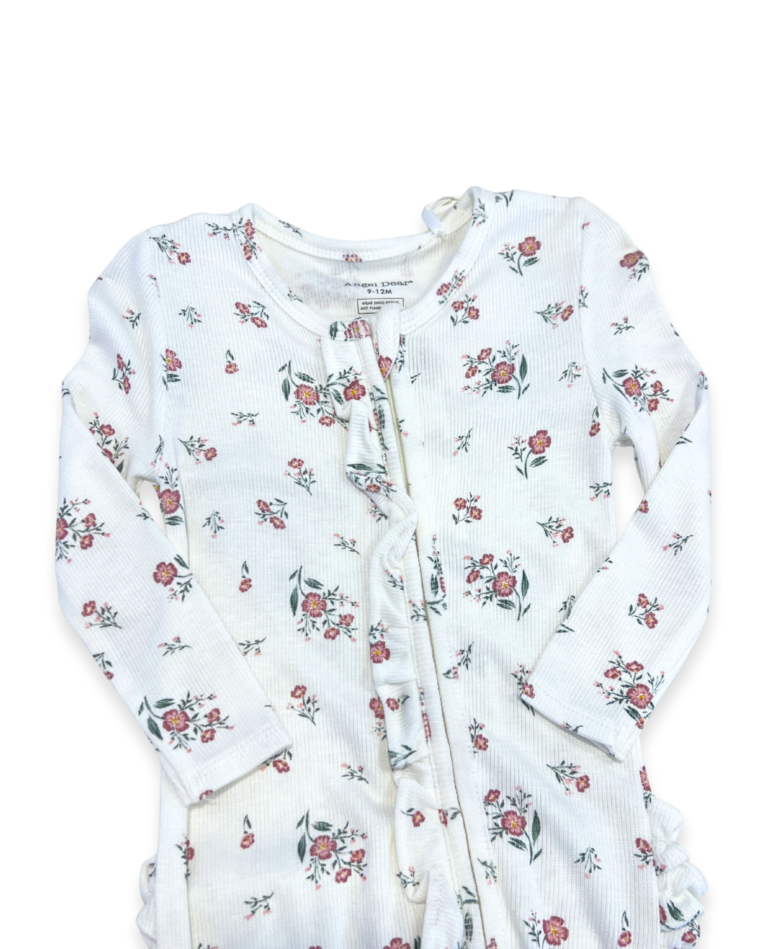 floral ruffle zipper footie Expressions Boutique NY, ditsy flower baby sleeper cotton, girls ribbed zip footie newborn boutique, ruffle baby footed onesie soft cotton, baby girl floral sleeper with matching headband