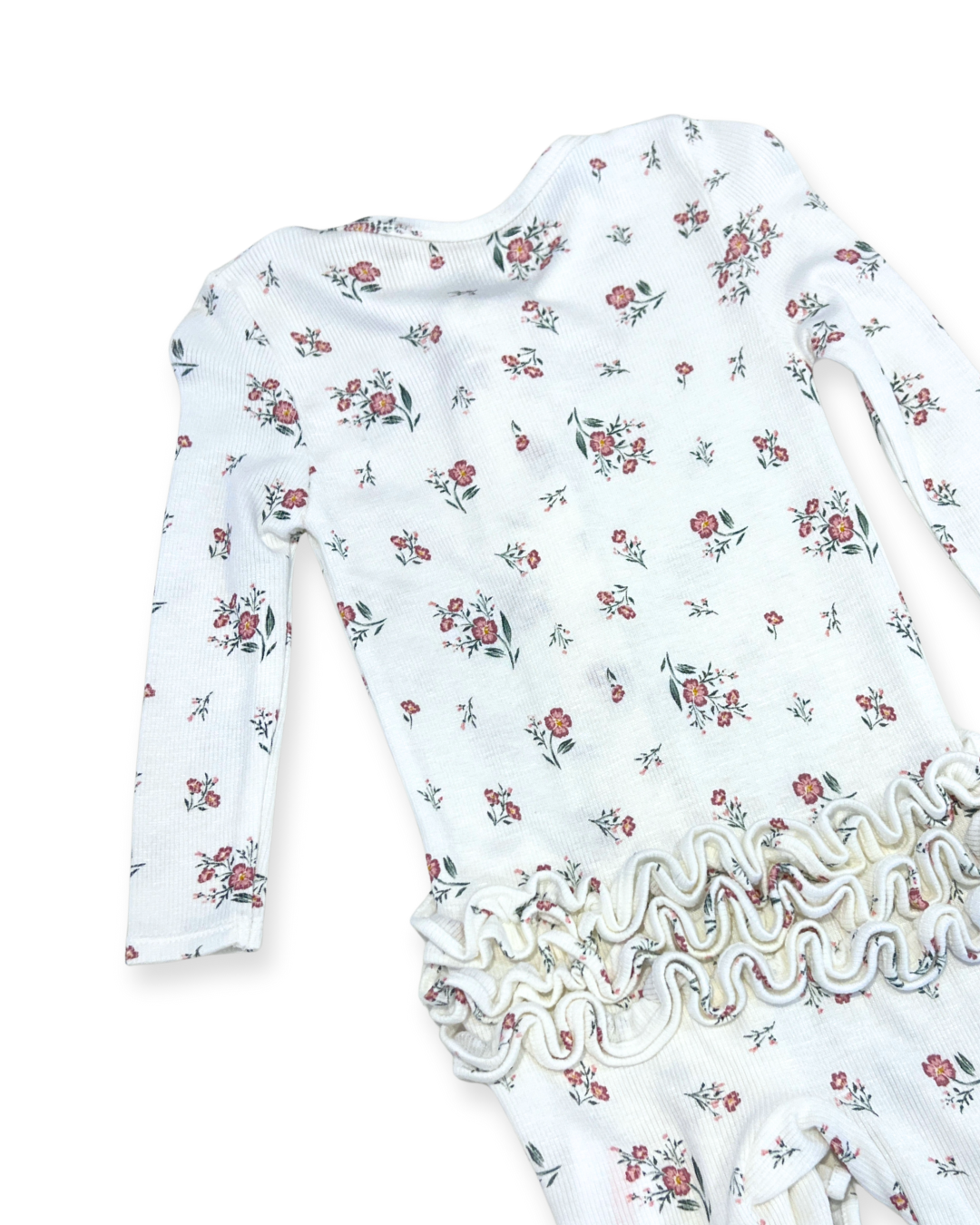 floral ruffle zipper footie Expressions Boutique NY, ditsy flower baby sleeper cotton, girls ribbed zip footie newborn boutique, ruffle baby footed onesie soft cotton, baby girl floral sleeper with matching headband