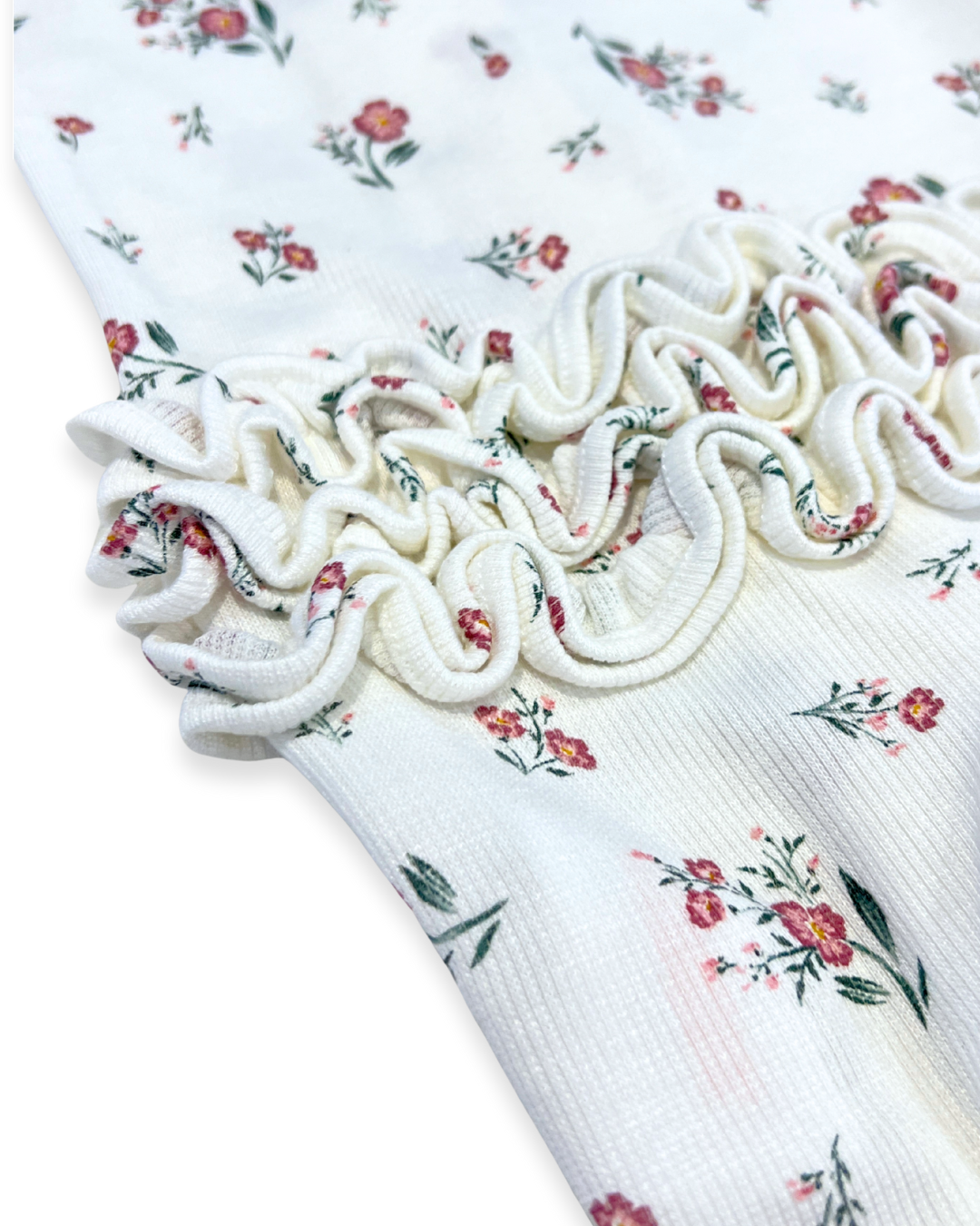 floral ruffle zipper footie Expressions Boutique NY, ditsy flower baby sleeper cotton, girls ribbed zip footie newborn boutique, ruffle baby footed onesie soft cotton, baby girl floral sleeper with matching headband