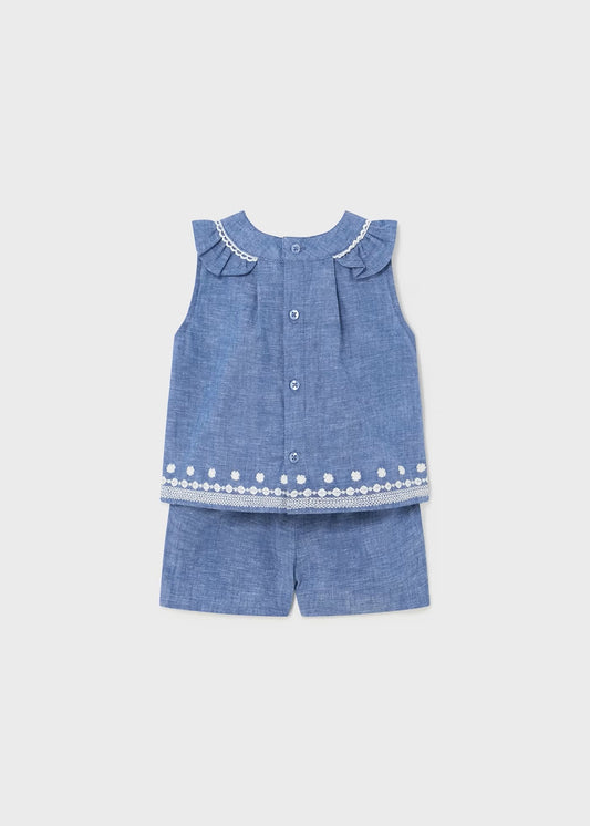2pc Soft Denim Embroidered Short Set