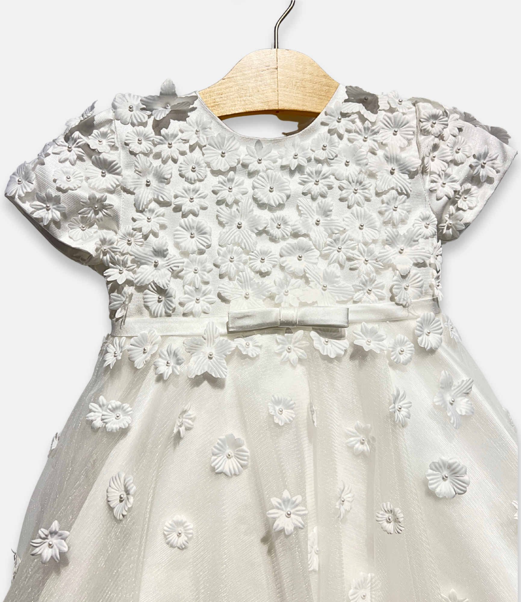 white 3D flower dress, white floral appliqué dress, boutique girls special occasion dress, 3D flower girl dress, white communion dress, couture kids fashion, tulle flower girl gown, white lace flower dress, Expressions Boutique NY, elegant girls event dress