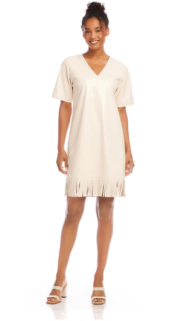 Beige Faux Leather Dress w Fringe