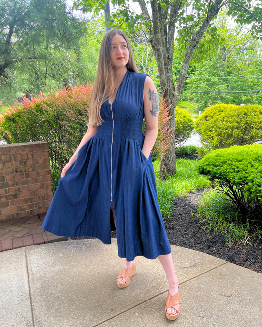 Smocked Waist Zip Front Maxi Dress
