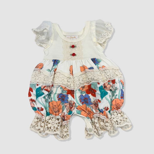 White and Oatmeal S/S Red Roses Romper