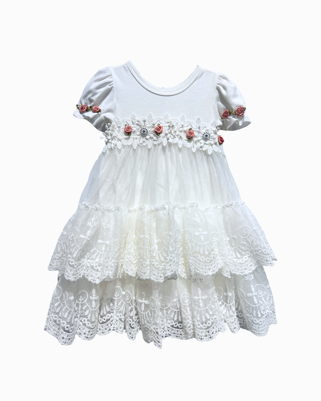 White Dress w Tulle Lace Overlay & Pink Flower Detail