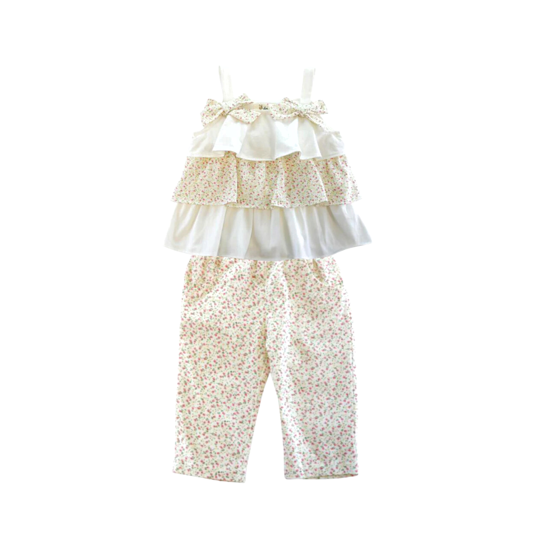 2pc Ruffled Floral Top w Bow Detail on Straps w pants