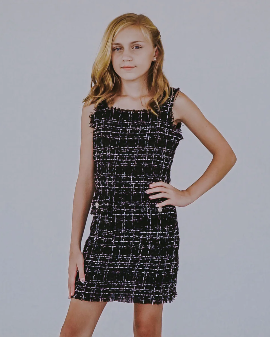 Black Tweed Sleeveless Dress, Expressions Boutique, Women and childrens boutique, Woodbury, girls tweed dress, boutique girls special occasion dress, girls black tweed outfit, girls sleeveless tweed dress, girls holiday dress, chic girls tweed dress, boutique girls formal dress, tweed dress with buttons