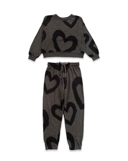2pc Charcoal w Heart Dolman Top w Pant, Expressions Boutique, Women and childrens boutique, Woodbury, girls matching set, boutique kids loungewear, heart print jogger set, charcoal girls outfit, trendy boutique girls clothing, two piece kids lounge set, casual girls co-ord set, boutique girls jogger set, comfy girls outfit