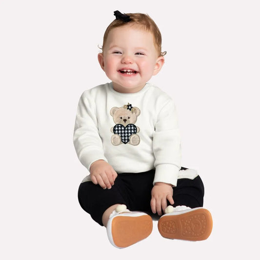girls teddy bear outfit, toddler 2pc sweatshirt and pants set, boutique bear applique outfit, baby girl houndstooth heart set, girls jogger pant outfit, girls heart patch pants, boutique toddler gift set, girls bear top and pant outfit, toddler girl cute outfit boutique, cozy girls fall/winter outfit
