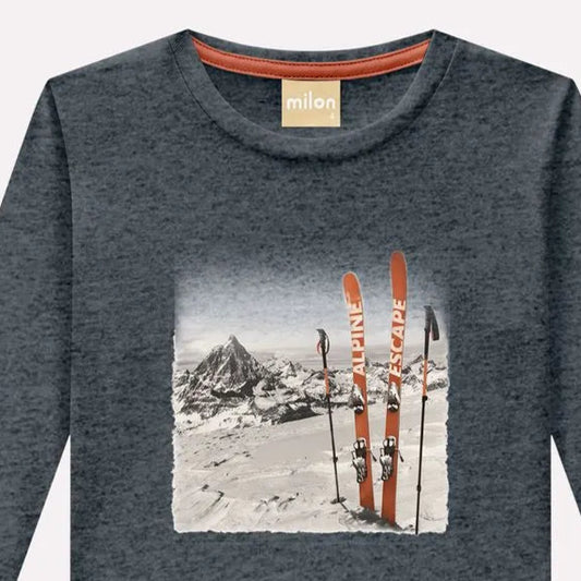 boys ski graphic tee, dark grey long sleeve kids shirt, alpine ski shirt for boys, toddler boy mountain print tee, boutique boys winter tee, kids outdoor adventure shirt, boys casual long sleeve top, ski inspired children’s clothing, toddler boy boutique fall outfit, ski season kids fashion
