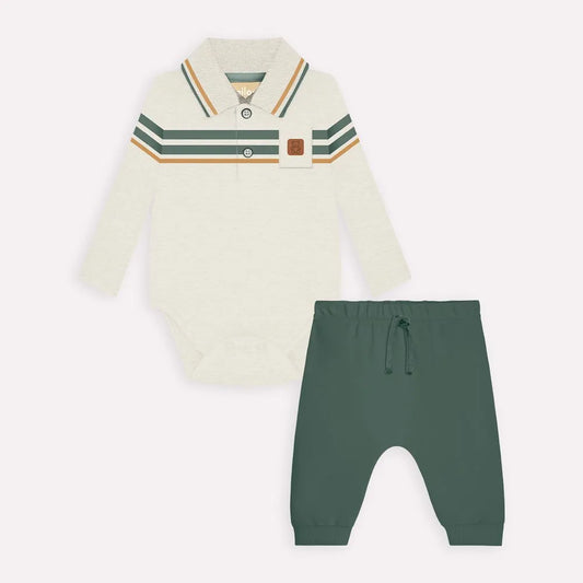 baby boy henley onesie set, grey henley bodysuit with pants, toddler boy jogger set, boutique baby boy outfit, green sweatpants baby set, stylish baby boy clothing boutique, baby boy casual outfit set, infant boy two-piece outfit, collared onesie with joggers, fall baby boy clothing set