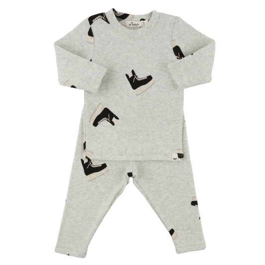 hockey baby outfit, hockey skates print toddler set, sporty baby clothes, boutique boy outfit hockey, heather grey hockey print set, athletic baby clothing set, newborn boy sporty outfit, toddler hockey lounge set, boutique hockey baby clothes, baby shower gift boy sporty