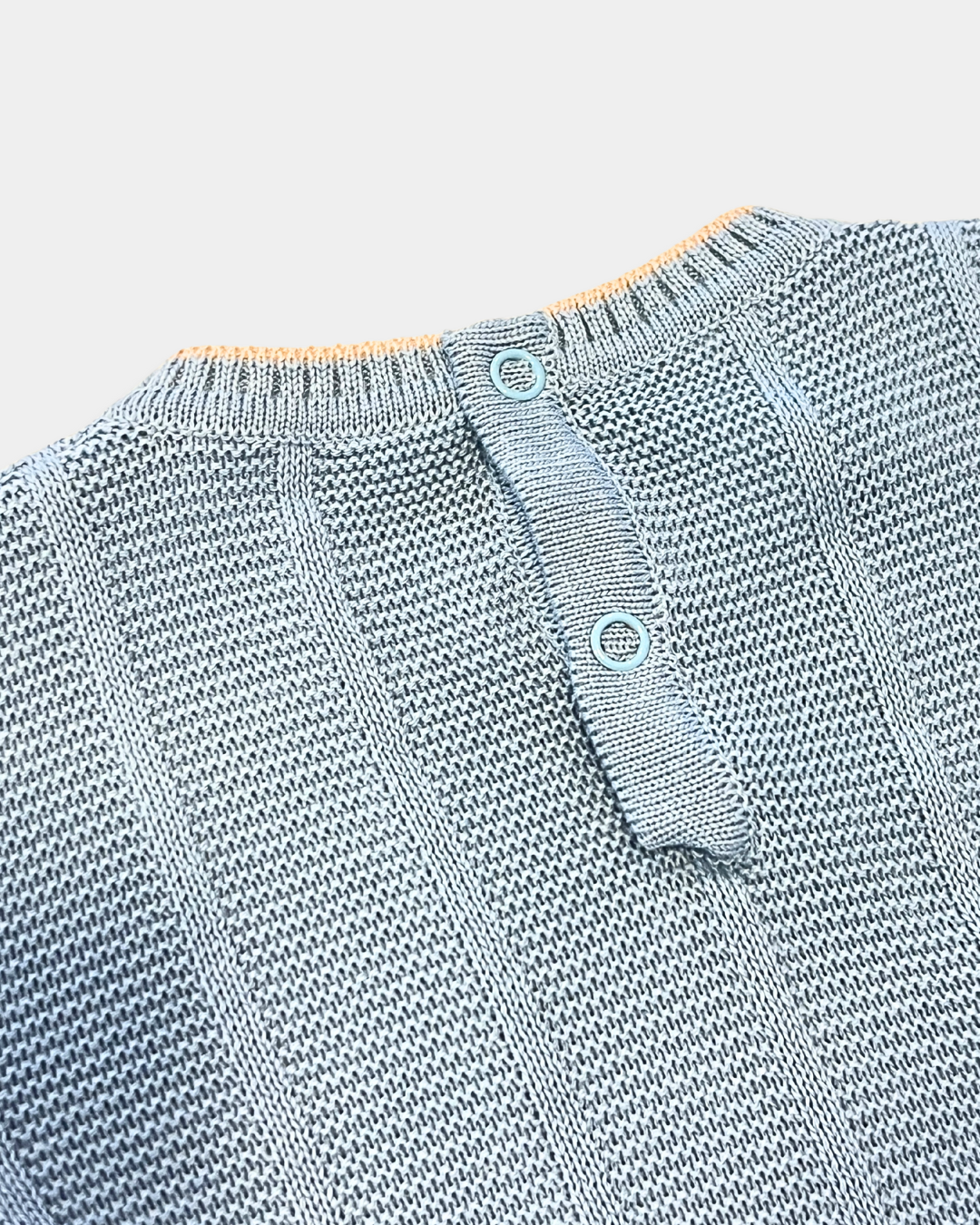 baby knit romper, toddler knit one-piece, denim blue baby romper, boutique knit baby clothes, ecru stitch baby outfit, knit romper boys, knit romper girls, cozy baby knitwear, unisex knit romper, boutique baby shower gift, Expressions Boutique NY, Woodbury kids boutique