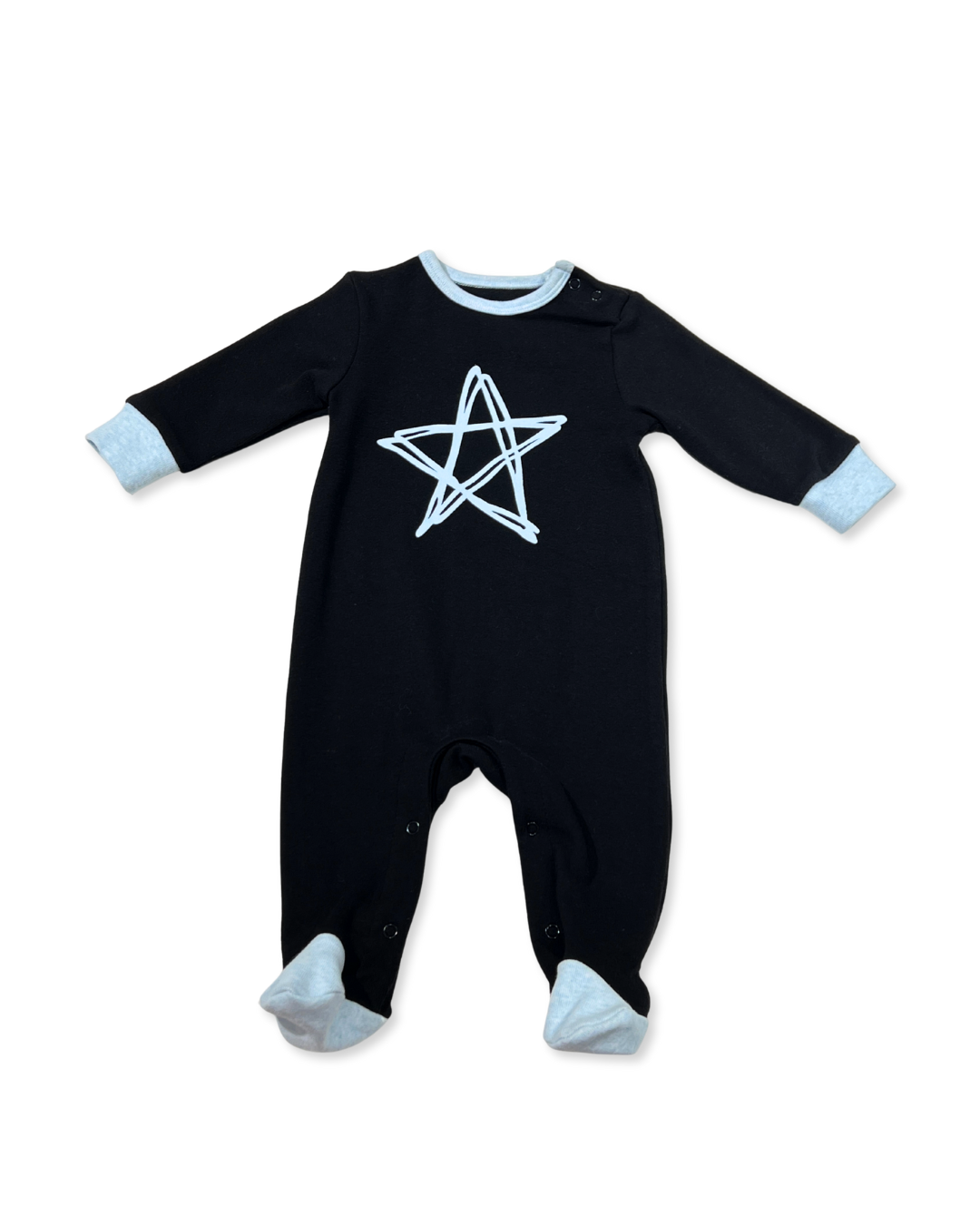 Black w Blue Star Footie, Expressions Boutique, Women and childrens boutique, Woodbury, black baby footie, baby boy star sleeper, boutique baby romper, infant footed one piece, soft cotton baby pajamas, newborn boy sleepsuit, snap closure baby outfit, modern baby boy footie, baby shower boy gift, star print baby romper