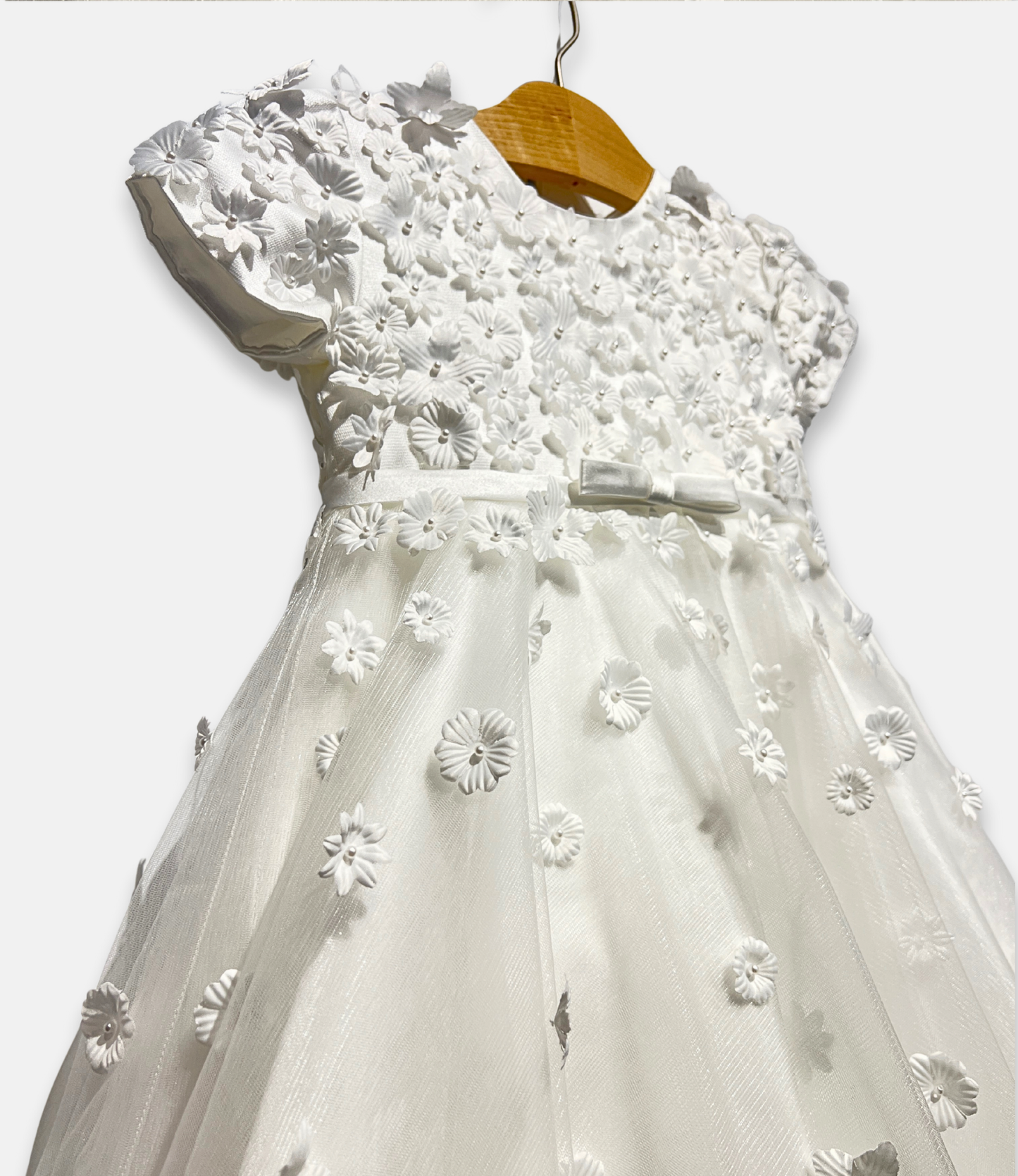 white 3D flower dress, white floral appliqué dress, boutique girls special occasion dress, 3D flower girl dress, white communion dress, couture kids fashion, tulle flower girl gown, white lace flower dress, Expressions Boutique NY, elegant girls event dress