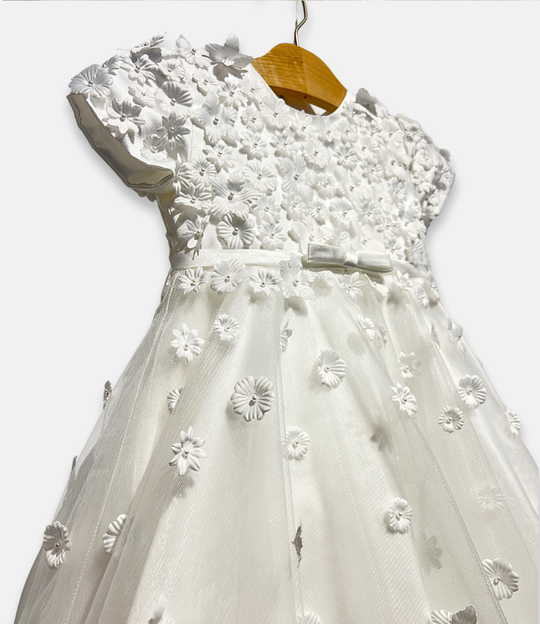 white 3D flower dress, white floral appliqué dress, boutique girls special occasion dress, 3D flower girl dress, white communion dress, couture kids fashion, tulle flower girl gown, white lace flower dress, Expressions Boutique NY, elegant girls event dress