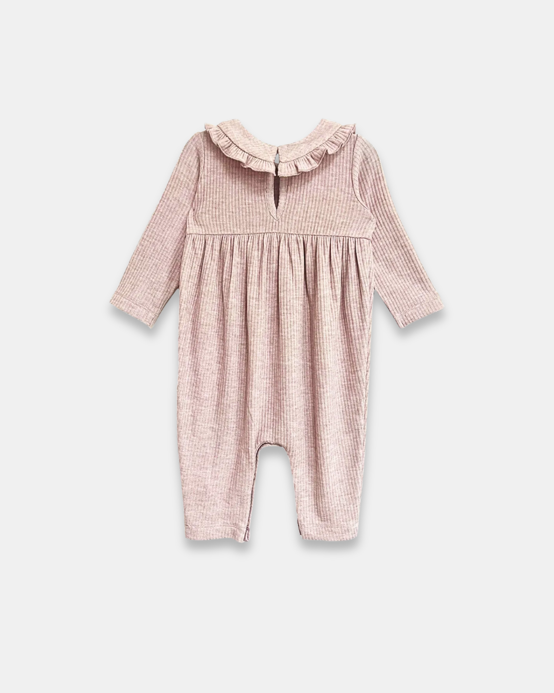 heather romper, baby girl romper, ribbed baby romper, ruffle collar romper, boutique baby clothing, soft knit romper, infant one piece outfit, cozy baby fall outfit, neutral baby romper, boutique baby girl fall clothes, back to school, school outfits, pre-k clothing
