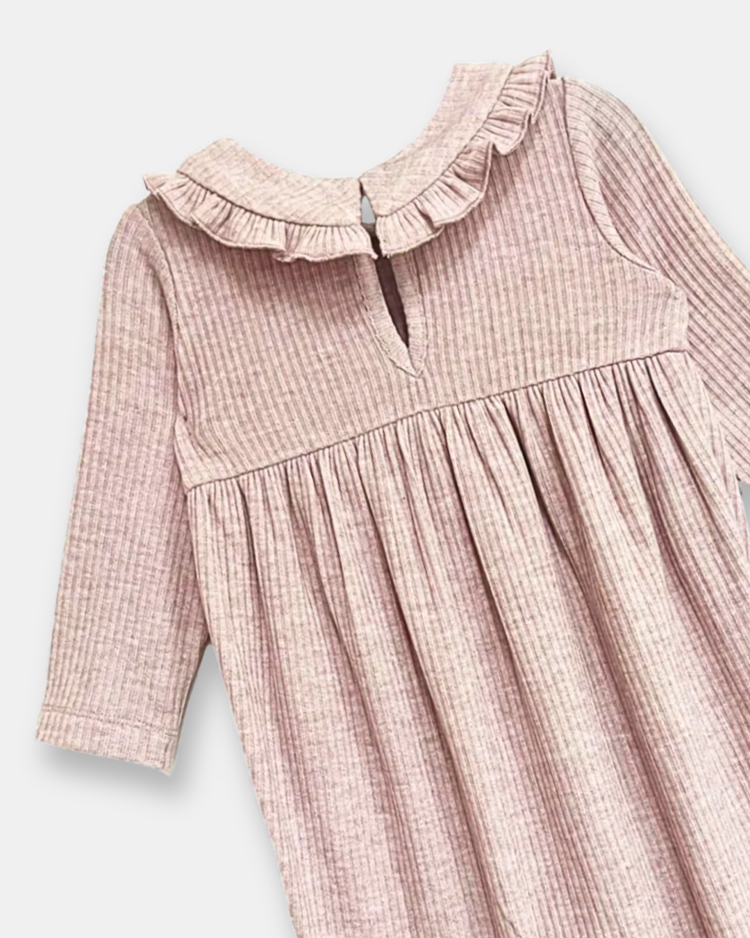 heather romper, baby girl romper, ribbed baby romper, ruffle collar romper, boutique baby clothing, soft knit romper, infant one piece outfit, cozy baby fall outfit, neutral baby romper, boutique baby girl fall clothes, back to school, school outfits, pre-k clothing