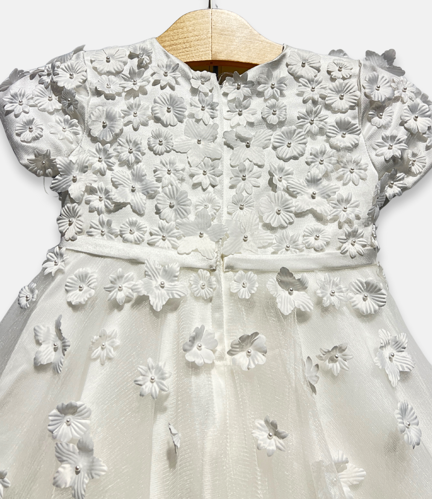 white 3D flower dress, white floral appliqué dress, boutique girls special occasion dress, 3D flower girl dress, white communion dress, couture kids fashion, tulle flower girl gown, white lace flower dress, Expressions Boutique NY, elegant girls event dress