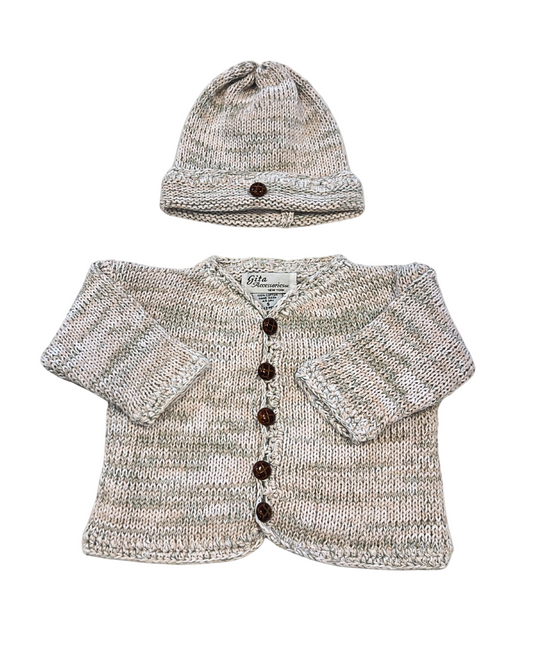 tan baby sweater set, green multi color baby sweater, baby knitwear boutique, newborn sweater and hat set, cotton baby knit outfit, faux leather button baby cardigan, heirloom baby shower gift, neutral baby clothes unisex, boutique baby clothes, soft cotton baby sweater set, luxury baby gift set, Expressions Boutique NY baby