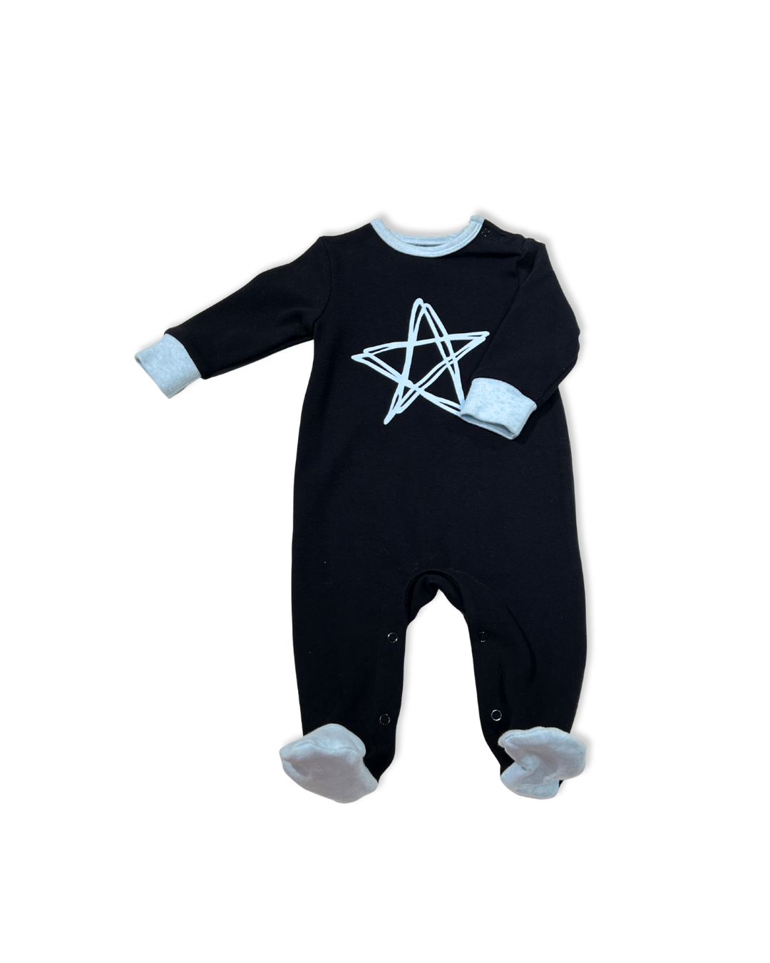Black w Blue Star Footie, Expressions Boutique, Women and childrens boutique, Woodbury, black baby footie, baby boy star sleeper, boutique baby romper, infant footed one piece, soft cotton baby pajamas, newborn boy sleepsuit, snap closure baby outfit, modern baby boy footie, baby shower boy gift, star print baby romper