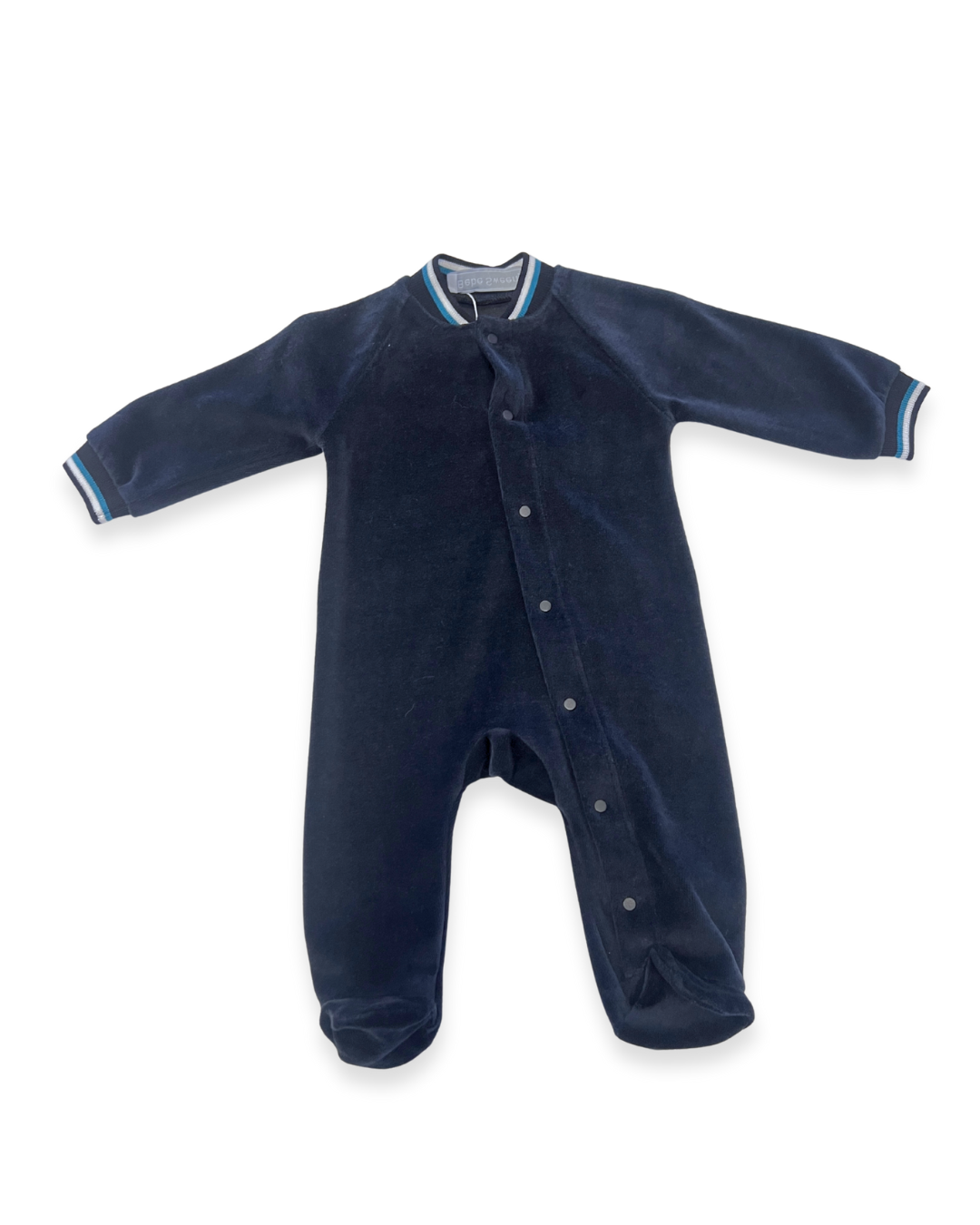 navy velour baby footie Expressions Boutique NY, soft baby sleepwear velour, unisex baby onesie luxury fabric, cozy winter newborn outfit, boutique baby footed romper navy