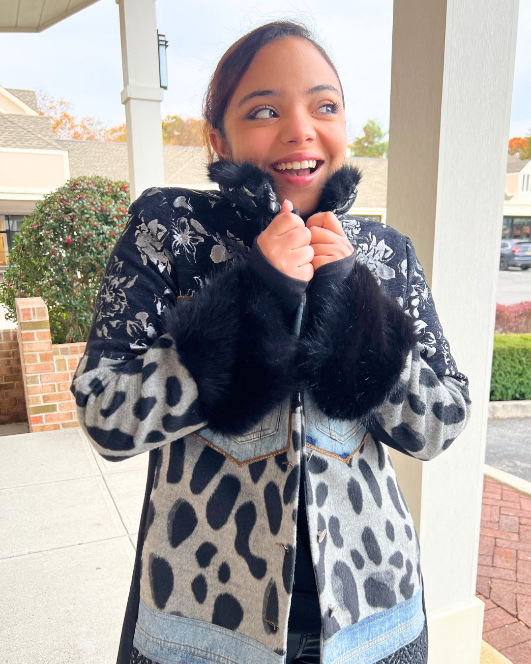 mixed media patchwork coat, women’s boutique jacket Expressions Boutique NY, denim and animal print jacket, statement winter coat, luxury patchwork outerwear