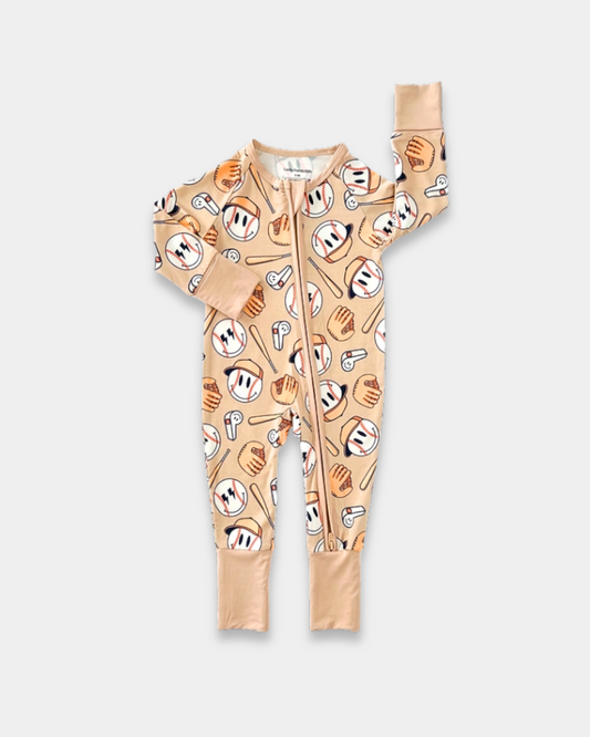 baseball baby romper, bamboo infant romper, sports themed baby clothes, neutral baby romper, cozy infant outfit, boutique baby romper, long sleeve baby romper, playful baby boy outfit, unisex baby romper, easy zip baby romper, sporty infant clothing, toddler game day outfit