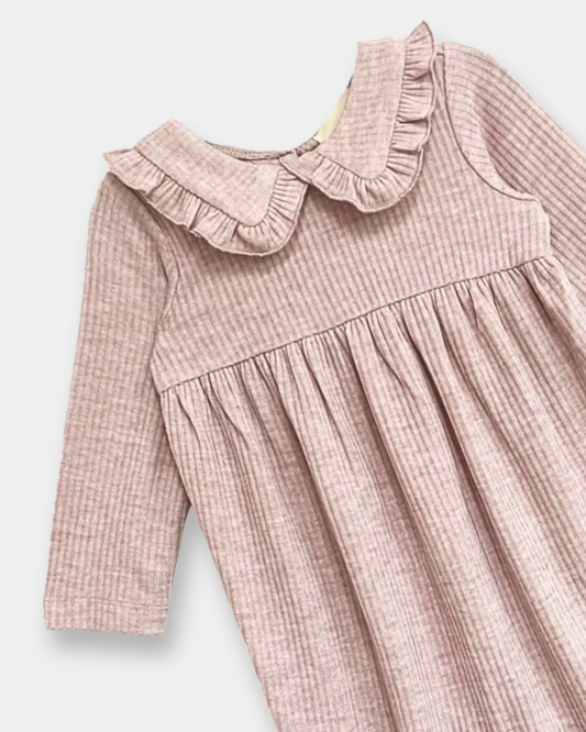 heather romper, baby girl romper, ribbed baby romper, ruffle collar romper, boutique baby clothing, soft knit romper, infant one piece outfit, cozy baby fall outfit, neutral baby romper, boutique baby girl fall clothes, back to school, school outfits, pre-k clothing