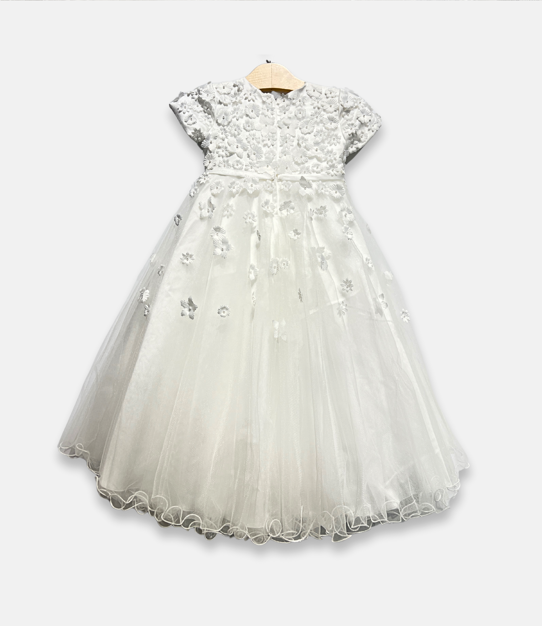 white 3D flower dress, white floral appliqué dress, boutique girls special occasion dress, 3D flower girl dress, white communion dress, couture kids fashion, tulle flower girl gown, white lace flower dress, Expressions Boutique NY, elegant girls event dress