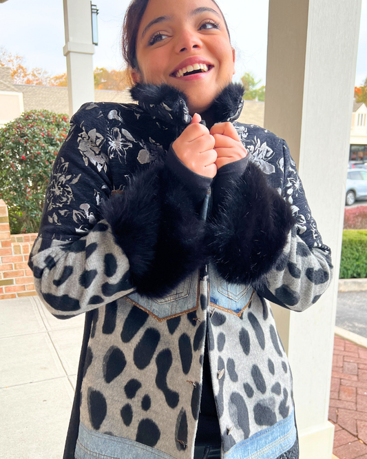 mixed media patchwork coat, women’s boutique jacket Expressions Boutique NY, denim and animal print jacket, statement winter coat, luxury patchwork outerwear