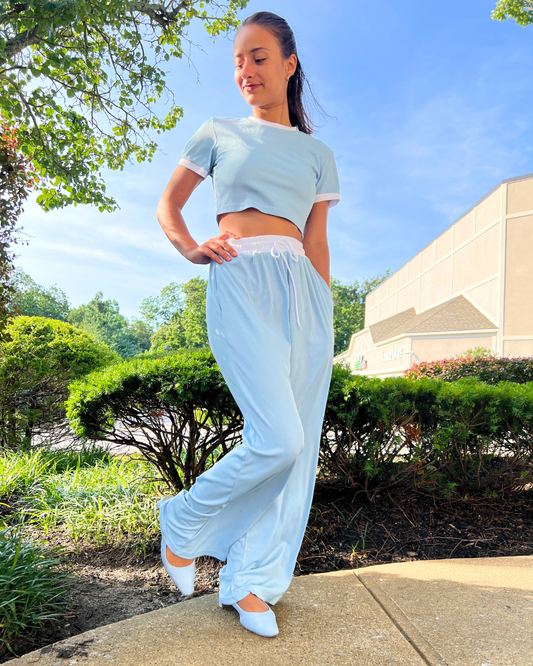 light blue lounge set, 2pc casual outfit, cropped tee and pants set, wide leg drawstring pants, sporty lounge set, boutique casual wear, matching set for women, light blue two piece, comfy chic travel outfit, everyday matching co-ord