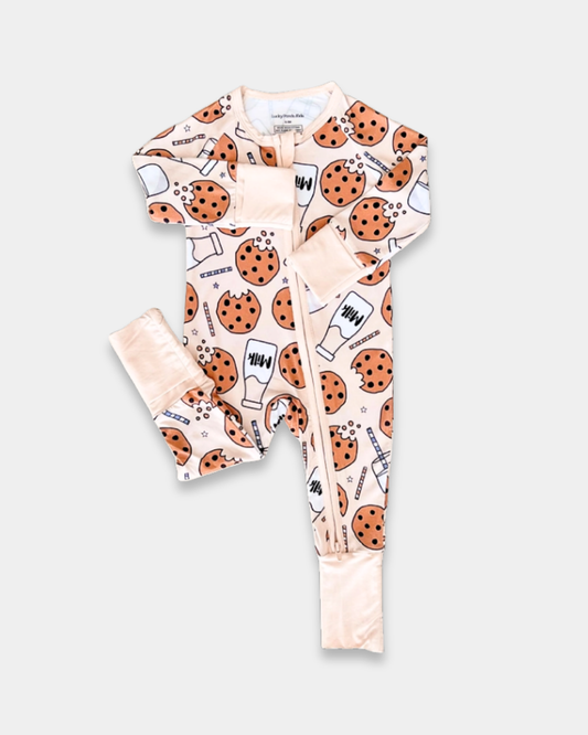 milk and cookies baby romper, bamboo zipper romper, cookie print infant pajamas, boutique baby sleepwear, soft bamboo baby romper, toddler bamboo romper, baby boy bamboo romper, baby girl bamboo romper, cookie themed baby outfit, neutral baby bamboo pajamas, newborn bamboo sleepwear, cozy infant bamboo clothing