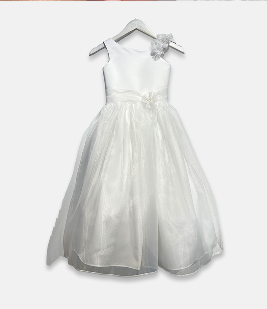 diamond white flower girl dress, one shoulder organza dress, boutique satin organza gown, white formal girls dress, couture communion dress, girls special occasion outfit, elegant white organza dress, Expressions Boutique NY, flower girl fashion, luxury children’s wear