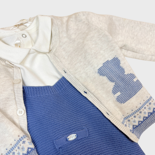 3pc Winter Blue Knit Overall with Top & Sweater