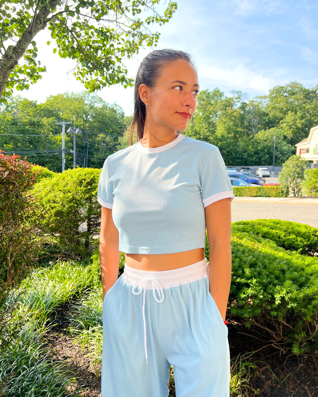 light blue lounge set, 2pc casual outfit, cropped tee and pants set, wide leg drawstring pants, sporty lounge set, boutique casual wear, matching set for women, light blue two piece, comfy chic travel outfit, everyday matching co-ord