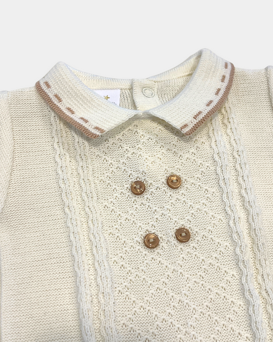 baby boy off white knit romper, cream romper with tan trim, boutique knit baby clothing, baby boy christening romper, newborn heirloom romper, neutral baby knit outfit, baby boy holiday outfit knit, boutique romper boy neutral, classic knit baby clothing, Expressions Boutique NY, Woodbury baby boutique, elegant baby boy romper