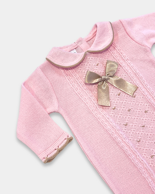baby girl knit romper, pink knit romper with bow, boutique baby romper, lace front baby romper, baby girl special occasion outfit, knit romper newborn, boutique baby shower gift, elegant baby girl romper, toddler girl knit outfit, Expressions Boutique NY, Woodbury baby boutique, heirloom style baby romper